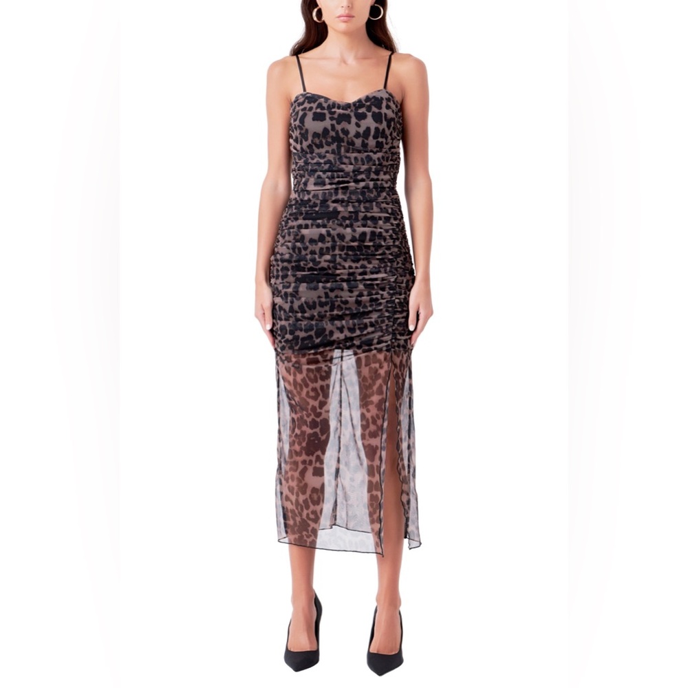 Endless Rose Ruched Mesh Asymmetrical Midi Dress leopard print